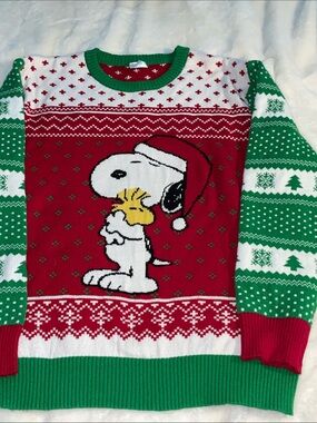 Peanuts Men's XXL Red & Green Snoopy Holiday Crewneck Pullover Sweater